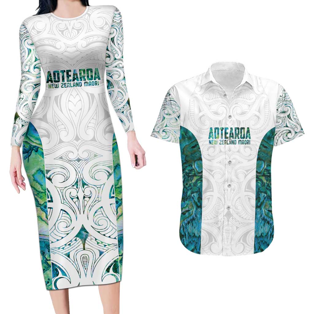 Custom New Zealand Aotearoa Couples Matching Long Sleeve Bodycon Dress and Hawaiian Shirt Green Maori Paua Shell Indigenous - Polynesian Pride