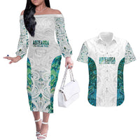 Custom New Zealand Aotearoa Couples Matching Off The Shoulder Long Sleeve Dress and Hawaiian Shirt Green Maori Paua Shell Indigenous - Polynesian Pride