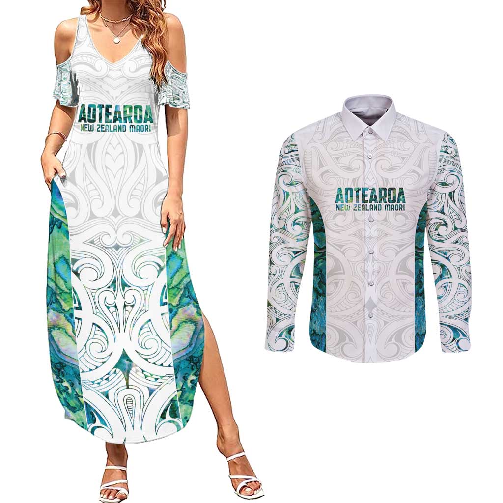 Custom New Zealand Aotearoa Couples Matching Summer Maxi Dress and Long Sleeve Button Shirt Green Maori Paua Shell Indigenous - Polynesian Pride