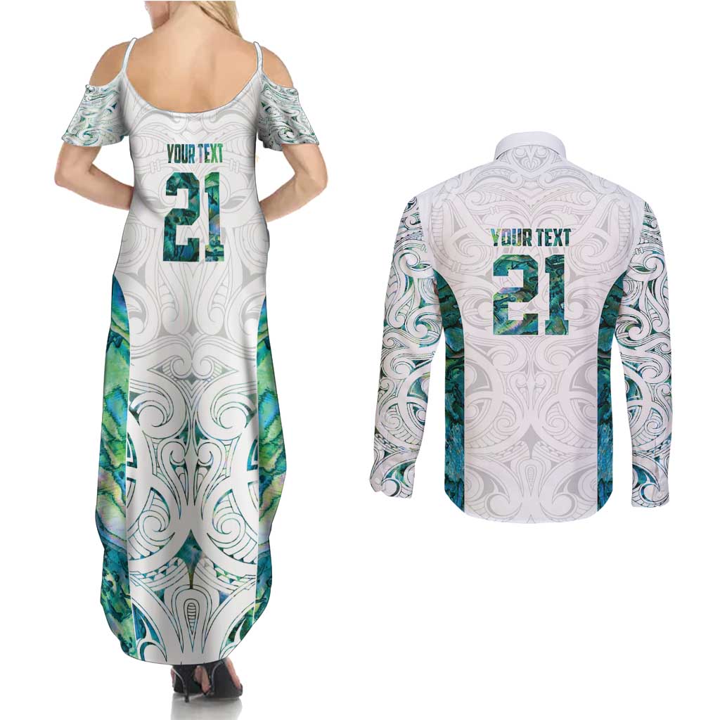 Custom New Zealand Aotearoa Couples Matching Summer Maxi Dress and Long Sleeve Button Shirt Green Maori Paua Shell Indigenous - Polynesian Pride