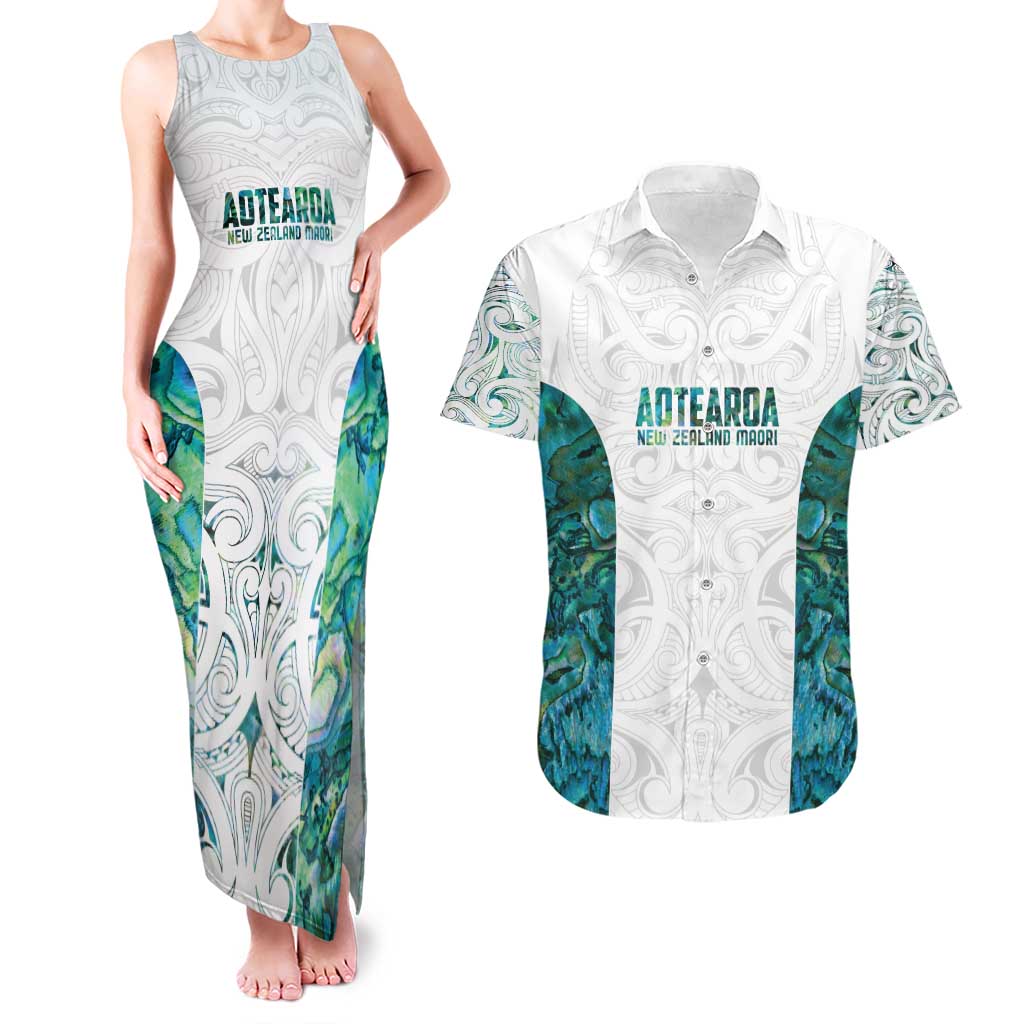 Custom New Zealand Aotearoa Couples Matching Tank Maxi Dress and Hawaiian Shirt Green Maori Paua Shell Indigenous - Polynesian Pride