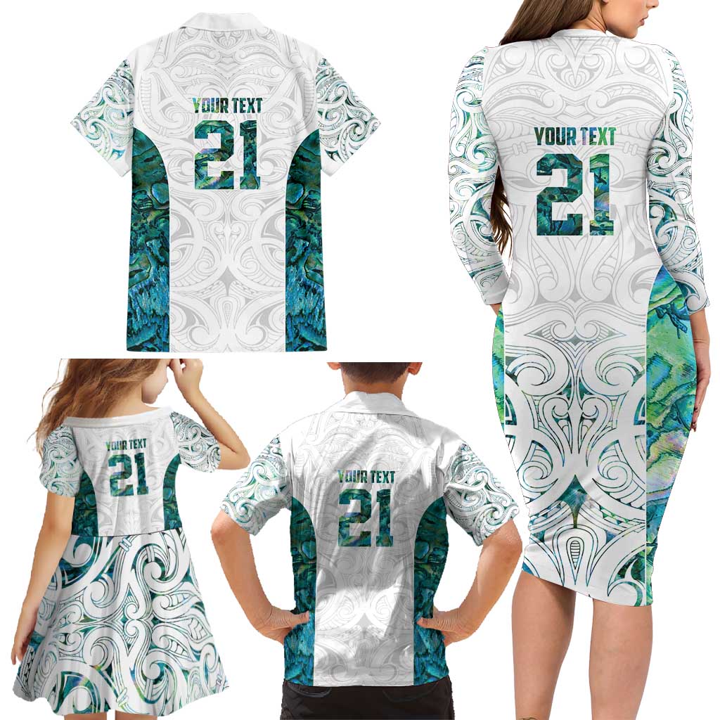Custom New Zealand Aotearoa Family Matching Long Sleeve Bodycon Dress and Hawaiian Shirt Green Maori Paua Shell Indigenous LT9 - Polynesian Pride