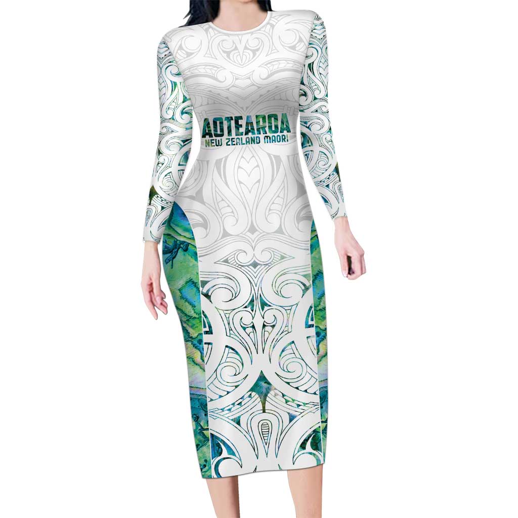 Custom New Zealand Aotearoa Family Matching Long Sleeve Bodycon Dress and Hawaiian Shirt Green Maori Paua Shell Indigenous LT9 Mom's Dress Green - Polynesian Pride