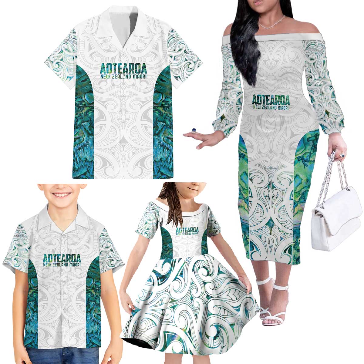 Custom New Zealand Aotearoa Family Matching Off The Shoulder Long Sleeve Dress and Hawaiian Shirt Green Maori Paua Shell Indigenous - Polynesian Pride