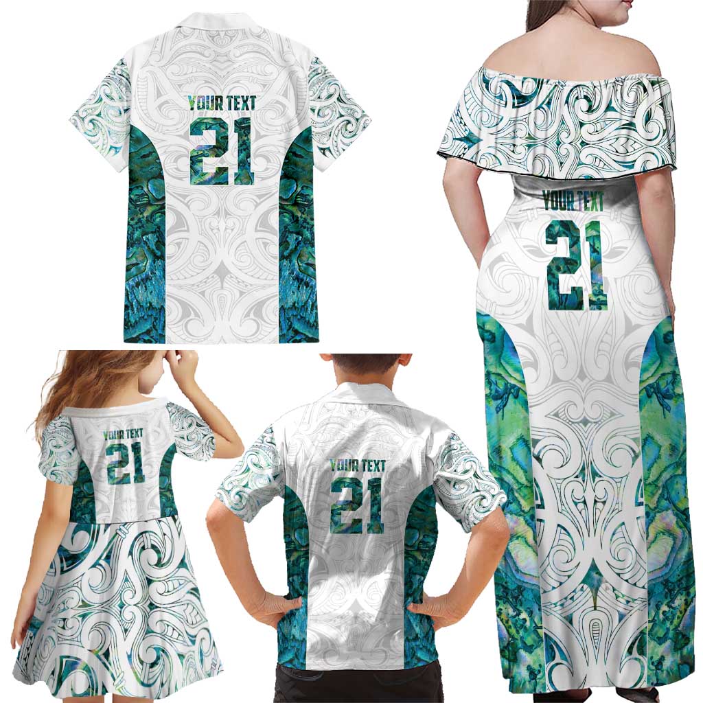 Custom New Zealand Aotearoa Family Matching Off Shoulder Maxi Dress and Hawaiian Shirt Green Maori Paua Shell Indigenous LT9 - Polynesian Pride
