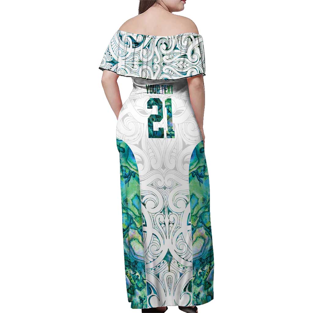 Custom New Zealand Aotearoa Family Matching Off Shoulder Maxi Dress and Hawaiian Shirt Green Maori Paua Shell Indigenous LT9 - Polynesian Pride