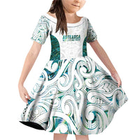 Custom New Zealand Aotearoa Family Matching Off Shoulder Short Dress and Hawaiian Shirt Green Maori Paua Shell Indigenous LT9 Daughter's Dress Green - Polynesian Pride