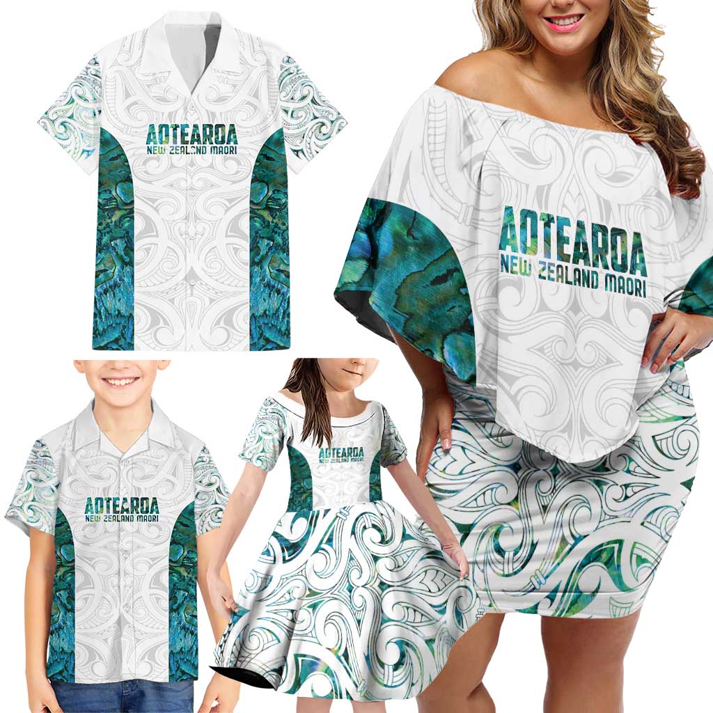 Custom New Zealand Aotearoa Family Matching Off Shoulder Short Dress and Hawaiian Shirt Green Maori Paua Shell Indigenous LT9 - Polynesian Pride