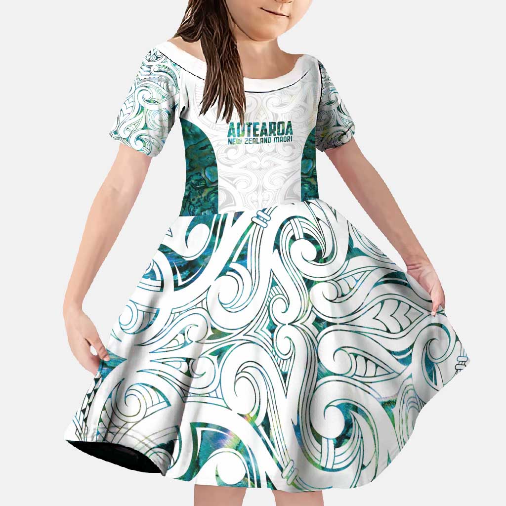 Custom New Zealand Aotearoa Family Matching Summer Maxi Dress and Hawaiian Shirt Green Maori Paua Shell Indigenous LT9 Daughter's Dress Green - Polynesian Pride