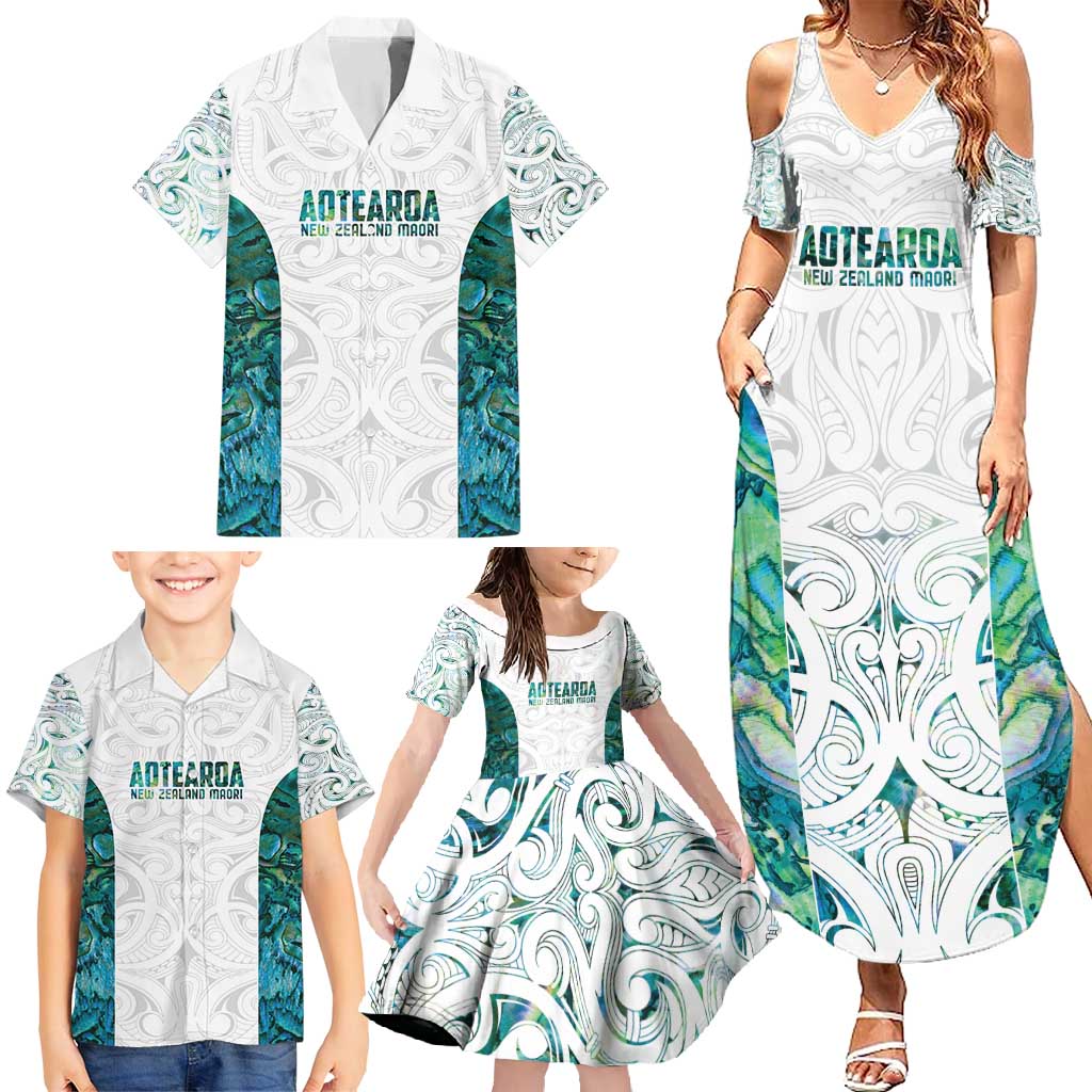 Custom New Zealand Aotearoa Family Matching Summer Maxi Dress and Hawaiian Shirt Green Maori Paua Shell Indigenous LT9 - Polynesian Pride