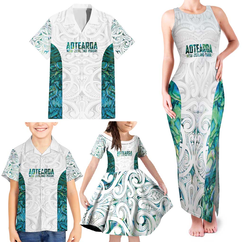 Custom New Zealand Aotearoa Family Matching Tank Maxi Dress and Hawaiian Shirt Green Maori Paua Shell Indigenous LT9 - Polynesian Pride