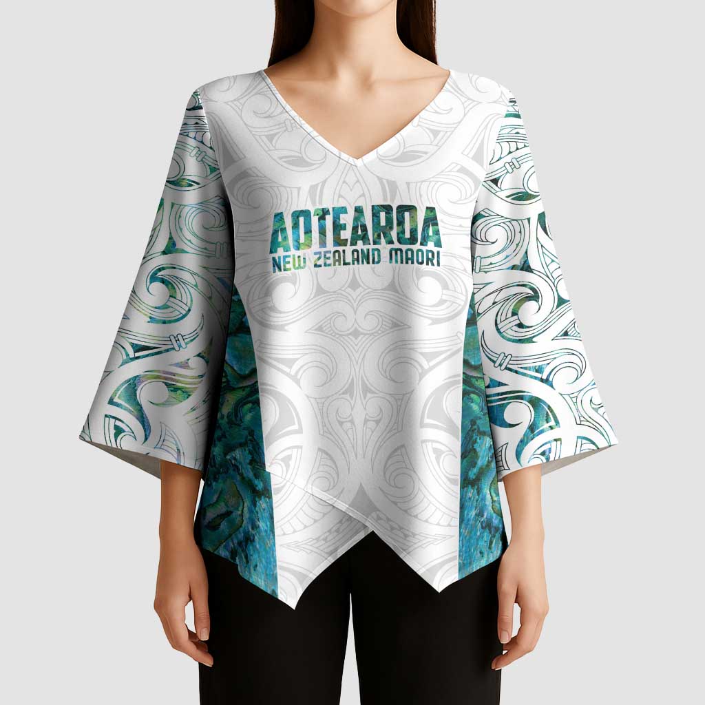 Custom New Zealand Aotearoa Kimono Sleeve Blouse Green Maori Paua Shell Indigenous - Polynesian Pride