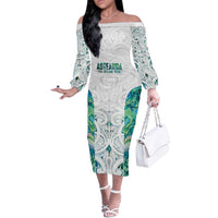Custom New Zealand Aotearoa Off The Shoulder Long Sleeve Dress Green Maori Paua Shell Indigenous - Polynesian Pride