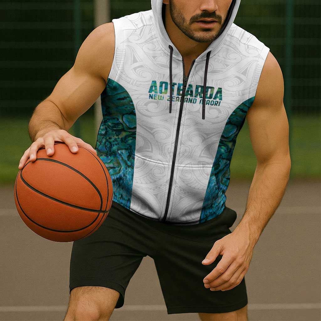 Custom New Zealand Aotearoa Sleeveless Zip Hoodie Green Maori Paua Shell Indigenous - Polynesian Pride