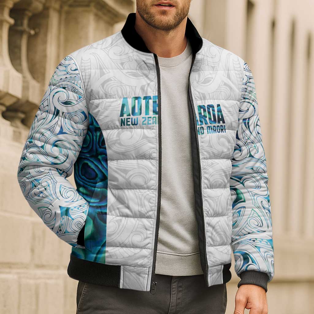 Custom New Zealand Aotearoa Bomber Puffer Jacket Maori Paua Shell Indigenous - Polynesian Pride