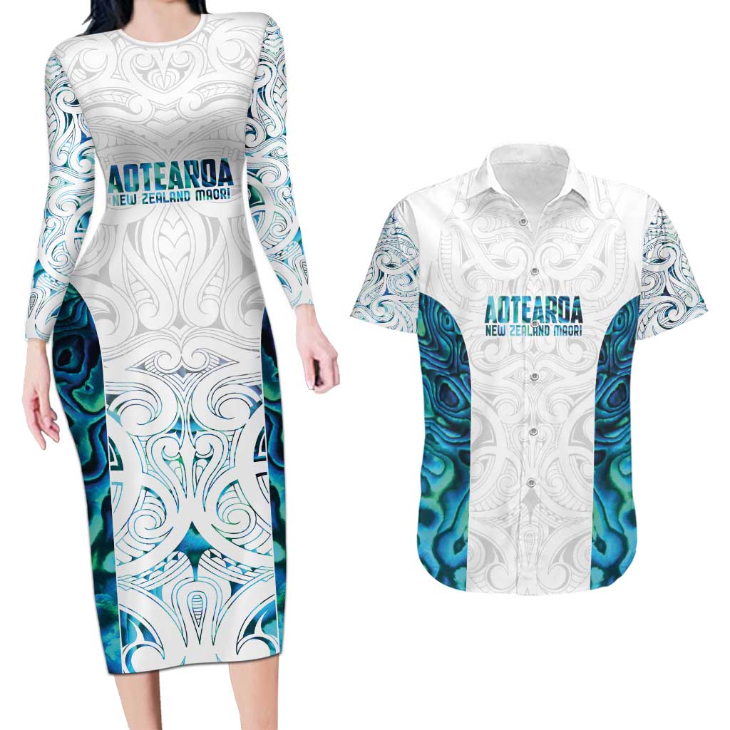 Custom New Zealand Aotearoa Couples Matching Long Sleeve Bodycon Dress and Hawaiian Shirt Maori Paua Shell Indigenous LT9 Blue - Polynesian Pride