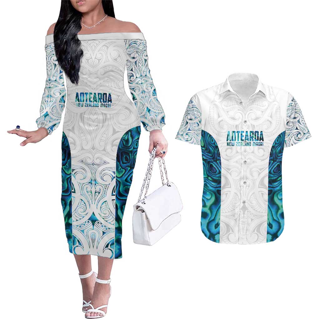 Custom New Zealand Aotearoa Couples Matching Off The Shoulder Long Sleeve Dress and Hawaiian Shirt Maori Paua Shell Indigenous LT9 Blue - Polynesian Pride