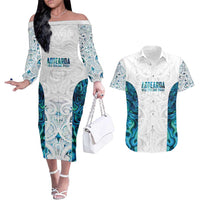 Custom New Zealand Aotearoa Couples Matching Off The Shoulder Long Sleeve Dress and Hawaiian Shirt Maori Paua Shell Indigenous LT9 Blue - Polynesian Pride