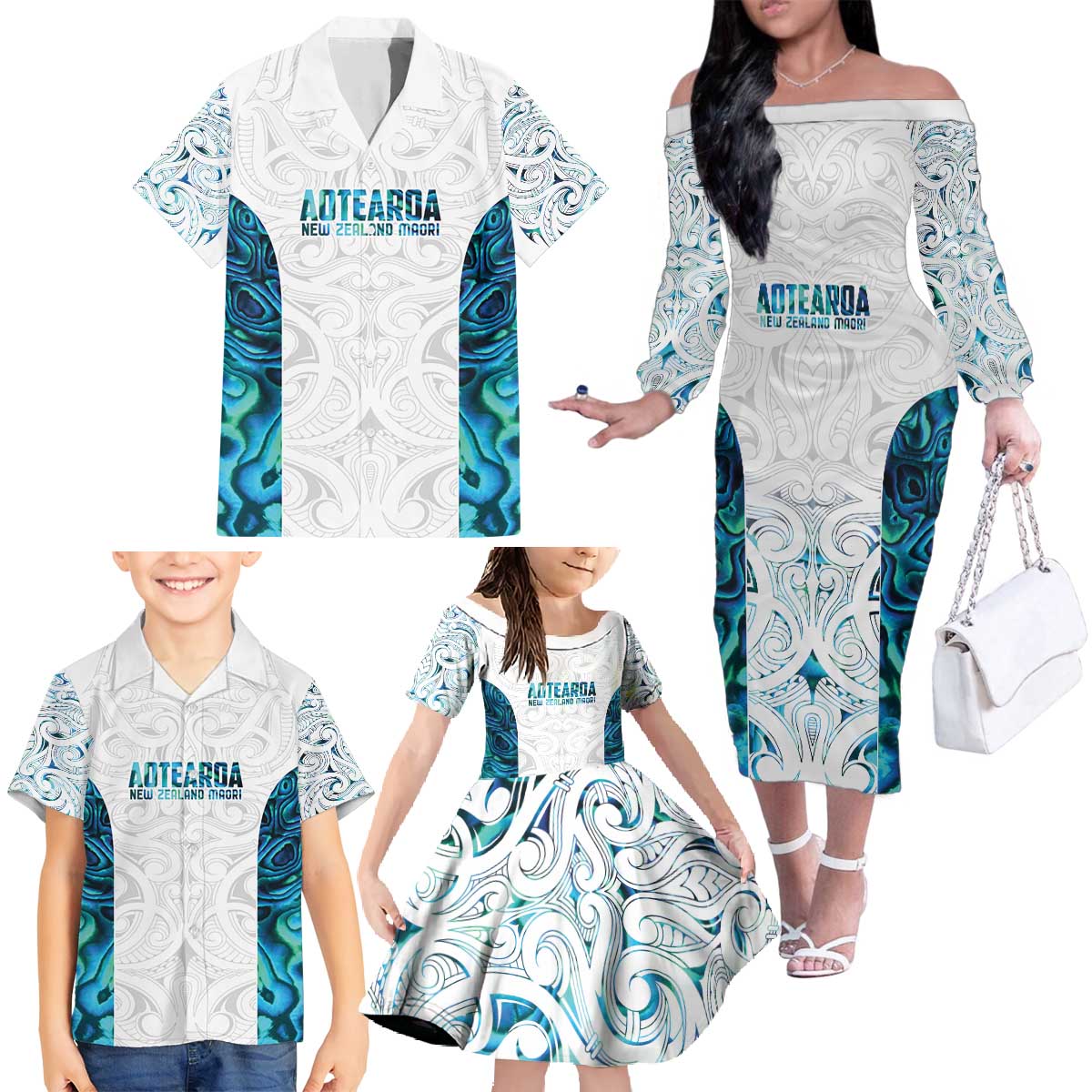 Custom New Zealand Aotearoa Family Matching Off The Shoulder Long Sleeve Dress and Hawaiian Shirt Maori Paua Shell Indigenous LT9 - Polynesian Pride