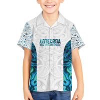 Custom New Zealand Aotearoa Family Matching Off The Shoulder Long Sleeve Dress and Hawaiian Shirt Maori Paua Shell Indigenous LT9 Son's Shirt Blue - Polynesian Pride