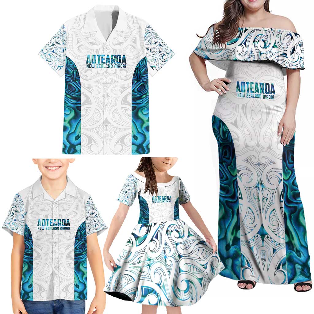 Custom New Zealand Aotearoa Family Matching Off Shoulder Maxi Dress and Hawaiian Shirt Maori Paua Shell Indigenous LT9 - Polynesian Pride