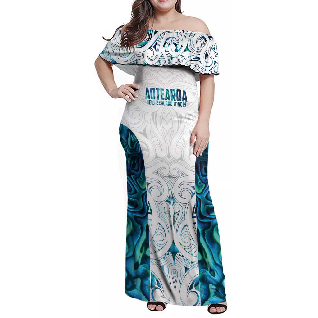 Custom New Zealand Aotearoa Family Matching Off Shoulder Maxi Dress and Hawaiian Shirt Maori Paua Shell Indigenous LT9 Mom's Dress Blue - Polynesian Pride