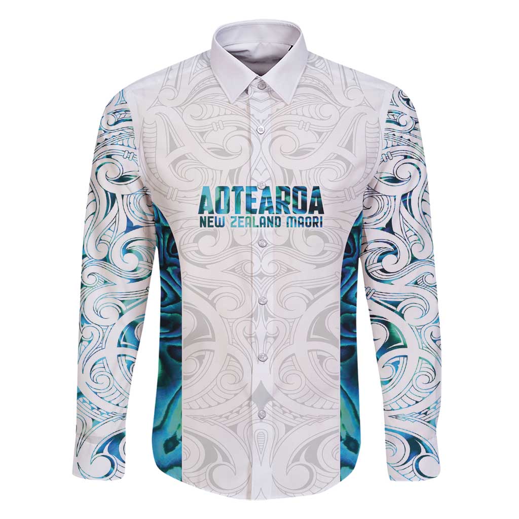 Custom New Zealand Aotearoa Family Matching Off Shoulder Short Dress and Hawaiian Shirt Maori Paua Shell Indigenous LT9 Dad's Shirt - Long Sleeve Blue - Polynesian Pride