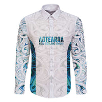 Custom New Zealand Aotearoa Family Matching Off Shoulder Short Dress and Hawaiian Shirt Maori Paua Shell Indigenous LT9 Dad's Shirt - Long Sleeve Blue - Polynesian Pride
