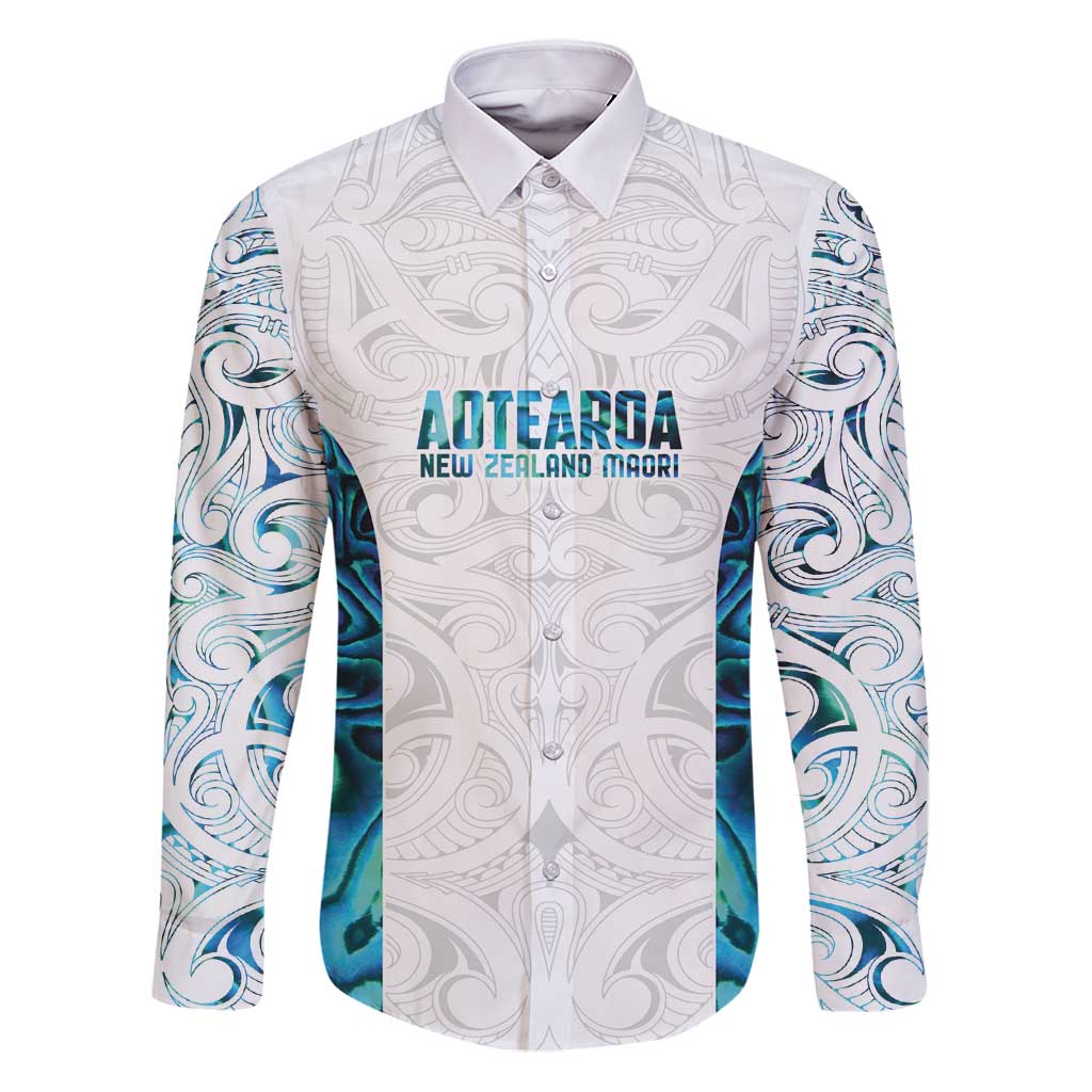 Custom New Zealand Aotearoa Family Matching Puletasi and Hawaiian Shirt Maori Paua Shell Indigenous LT9 Dad's Shirt - Long Sleeve Blue - Polynesian Pride