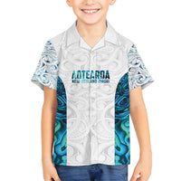 Custom New Zealand Aotearoa Family Matching Puletasi and Hawaiian Shirt Maori Paua Shell Indigenous LT9 Son's Shirt Blue - Polynesian Pride