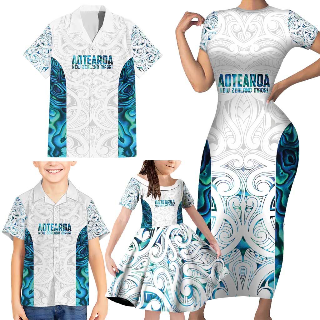 Custom New Zealand Aotearoa Family Matching Short Sleeve Bodycon Dress and Hawaiian Shirt Maori Paua Shell Indigenous LT9 - Polynesian Pride