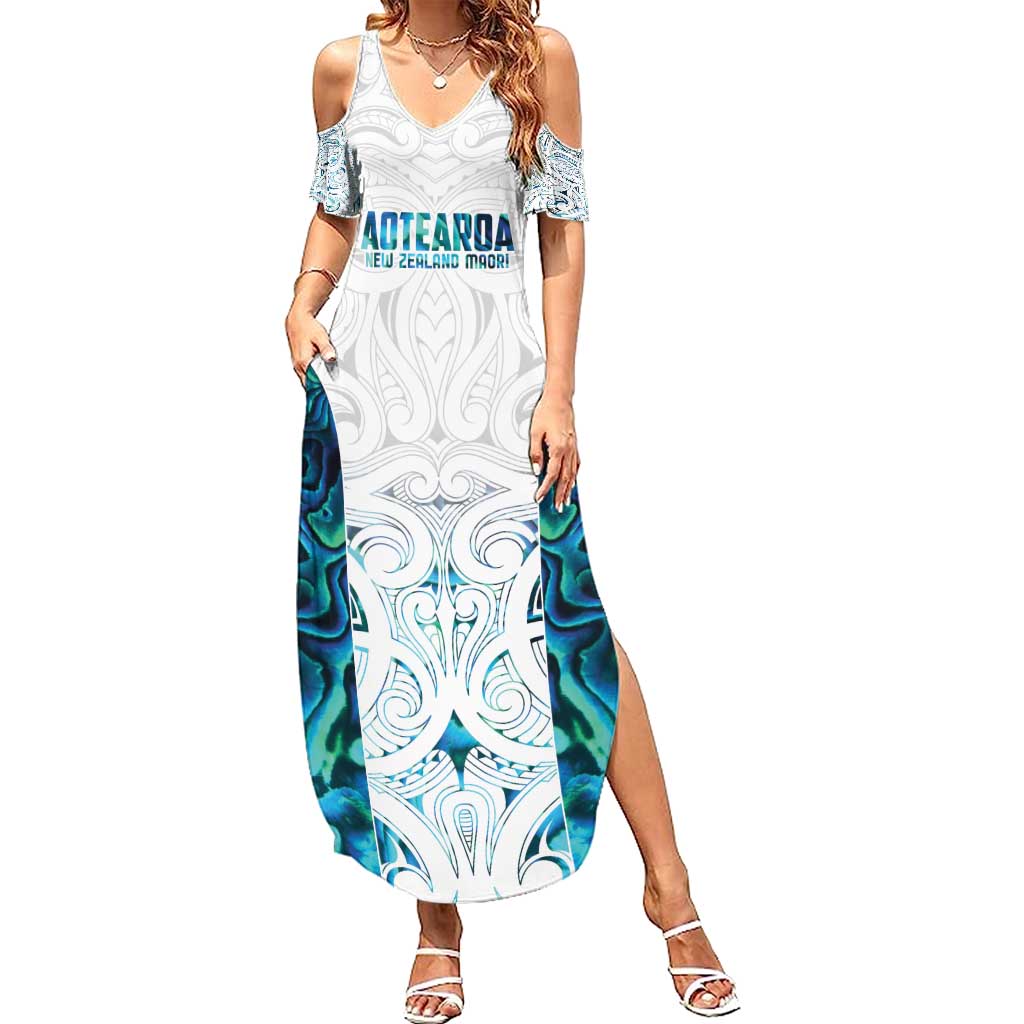 Custom New Zealand Aotearoa Family Matching Summer Maxi Dress and Hawaiian Shirt Maori Paua Shell Indigenous LT9 Mom's Dress Blue - Polynesian Pride