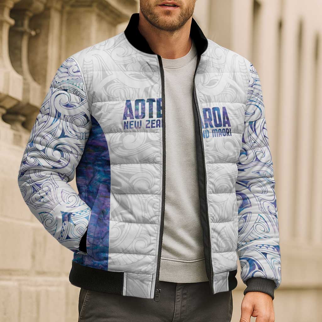 Custom New Zealand Aotearoa Bomber Puffer Jacket Purple Maori Paua Shell Indigenous - Polynesian Pride