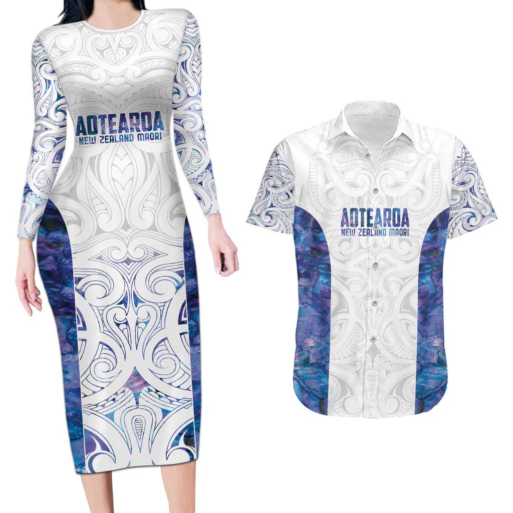 Custom New Zealand Aotearoa Couples Matching Long Sleeve Bodycon Dress and Hawaiian Shirt Purple Maori Paua Shell Indigenous LT9 Purple - Polynesian Pride