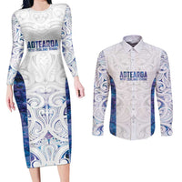 Custom New Zealand Aotearoa Couples Matching Long Sleeve Bodycon Dress and Long Sleeve Button Shirt Purple Maori Paua Shell Indigenous LT9 Purple - Polynesian Pride
