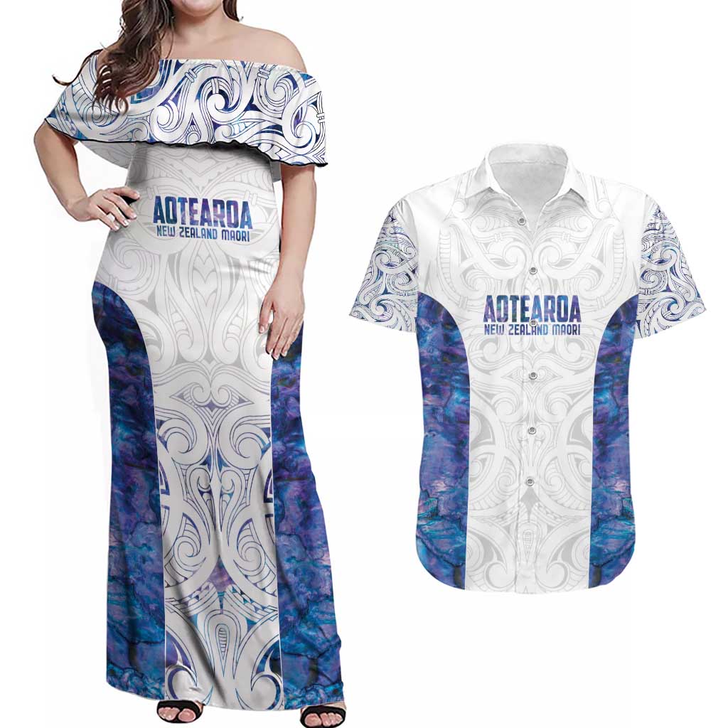 Custom New Zealand Aotearoa Couples Matching Off Shoulder Maxi Dress and Hawaiian Shirt Purple Maori Paua Shell Indigenous LT9 Purple - Polynesian Pride