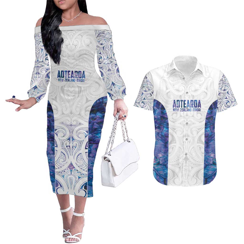 Custom New Zealand Aotearoa Couples Matching Off The Shoulder Long Sleeve Dress and Hawaiian Shirt Purple Maori Paua Shell Indigenous LT9 Purple - Polynesian Pride