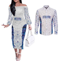 Custom New Zealand Aotearoa Couples Matching Off The Shoulder Long Sleeve Dress and Long Sleeve Button Shirt Purple Maori Paua Shell Indigenous LT9 Purple - Polynesian Pride