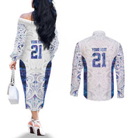 Custom New Zealand Aotearoa Couples Matching Off The Shoulder Long Sleeve Dress and Long Sleeve Button Shirt Purple Maori Paua Shell Indigenous LT9 - Polynesian Pride