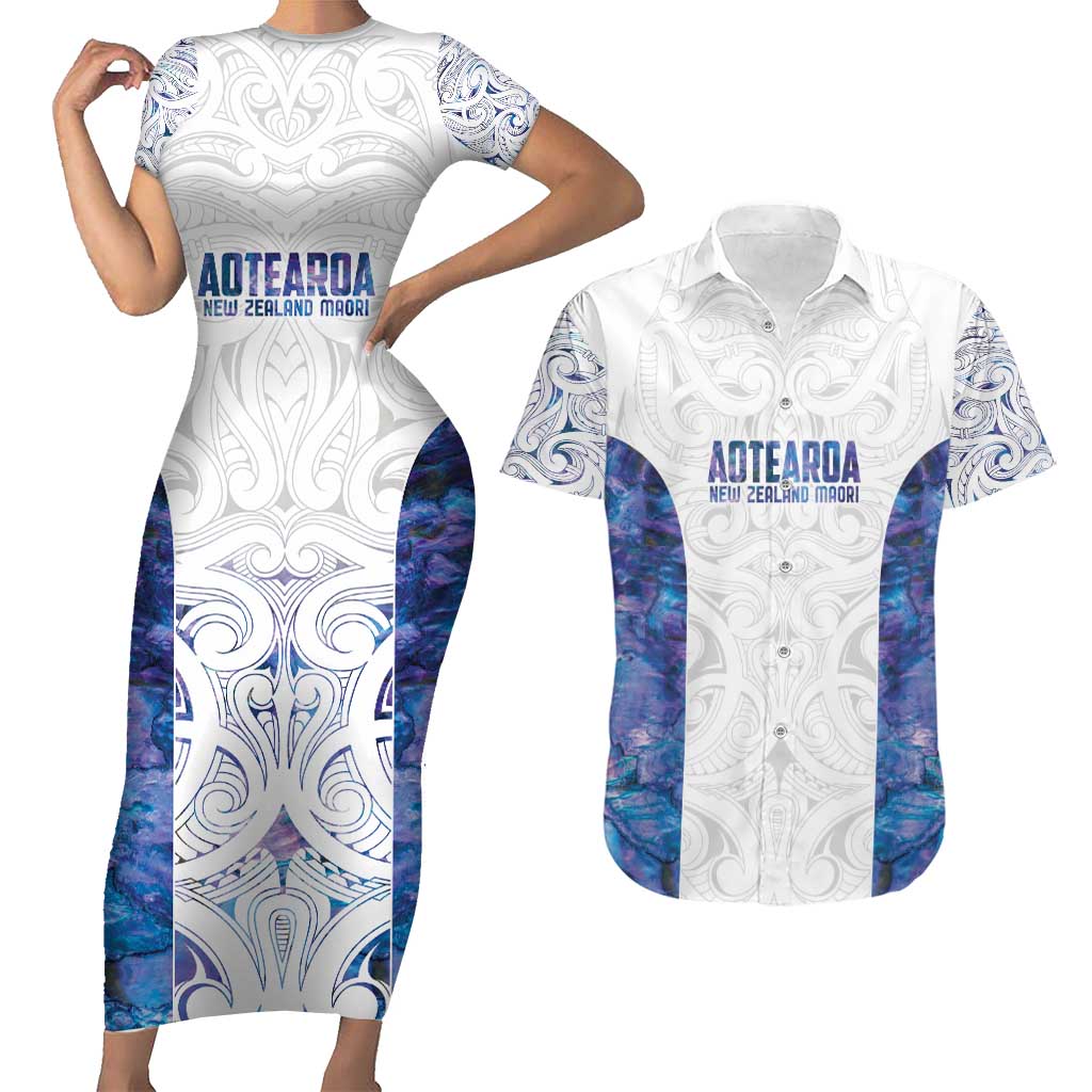 Custom New Zealand Aotearoa Couples Matching Short Sleeve Bodycon Dress and Hawaiian Shirt Purple Maori Paua Shell Indigenous LT9 Purple - Polynesian Pride
