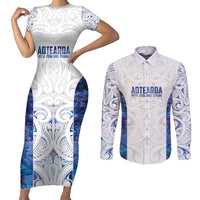 Custom New Zealand Aotearoa Couples Matching Short Sleeve Bodycon Dress and Long Sleeve Button Shirt Purple Maori Paua Shell Indigenous LT9 Purple - Polynesian Pride