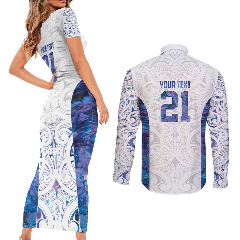 Custom New Zealand Aotearoa Couples Matching Short Sleeve Bodycon Dress and Long Sleeve Button Shirt Purple Maori Paua Shell Indigenous LT9 - Polynesian Pride