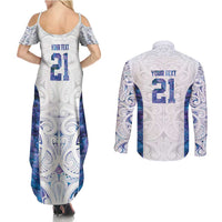 Custom New Zealand Aotearoa Couples Matching Summer Maxi Dress and Long Sleeve Button Shirt Purple Maori Paua Shell Indigenous - Polynesian Pride