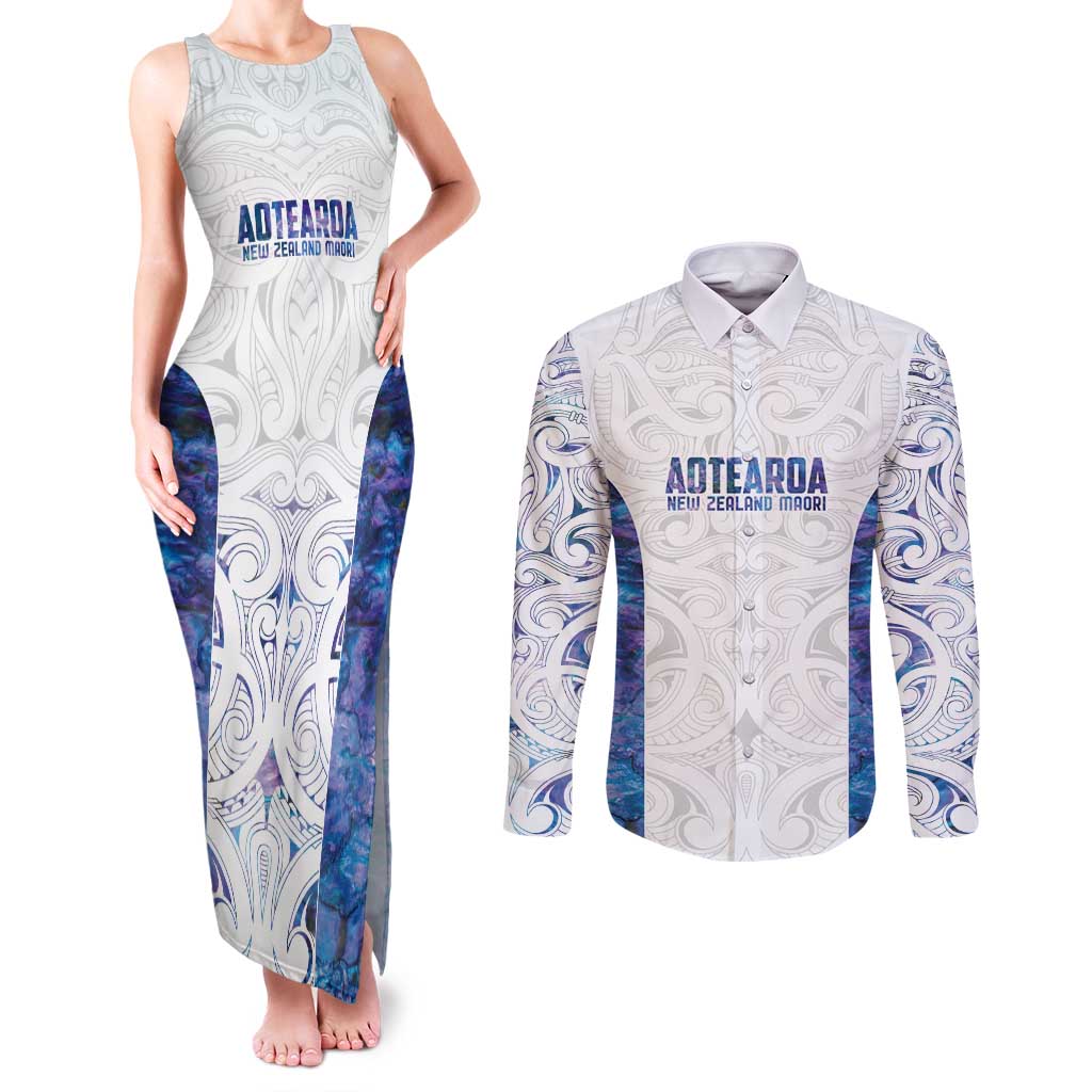 Custom New Zealand Aotearoa Couples Matching Tank Maxi Dress and Long Sleeve Button Shirt Purple Maori Paua Shell Indigenous - Polynesian Pride