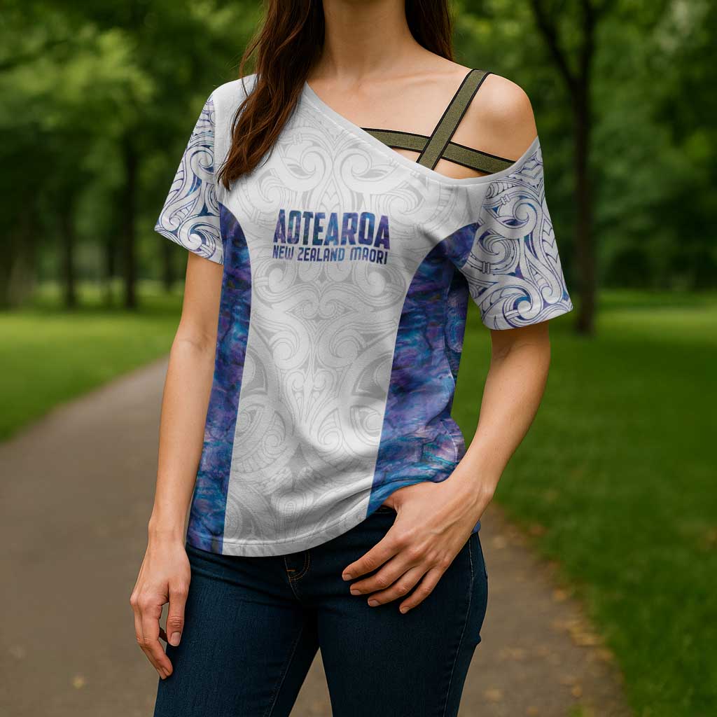 Custom New Zealand Aotearoa Cross Shoulder Shirt Purple Maori Paua Shell Indigenous - Polynesian Pride