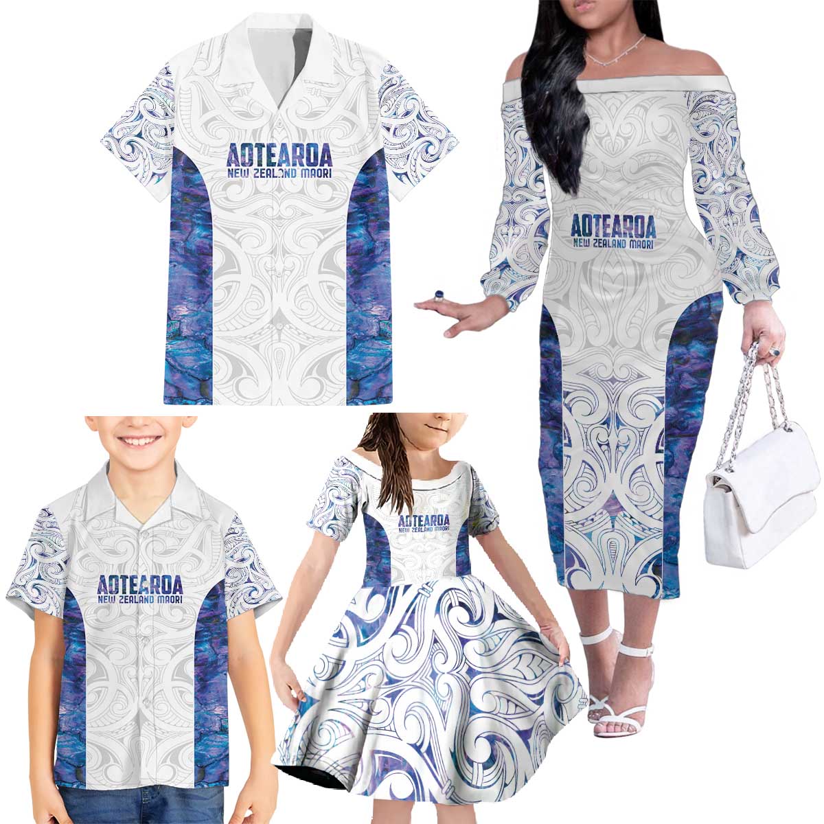 Custom New Zealand Aotearoa Family Matching Off The Shoulder Long Sleeve Dress and Hawaiian Shirt Purple Maori Paua Shell Indigenous LT9 - Polynesian Pride