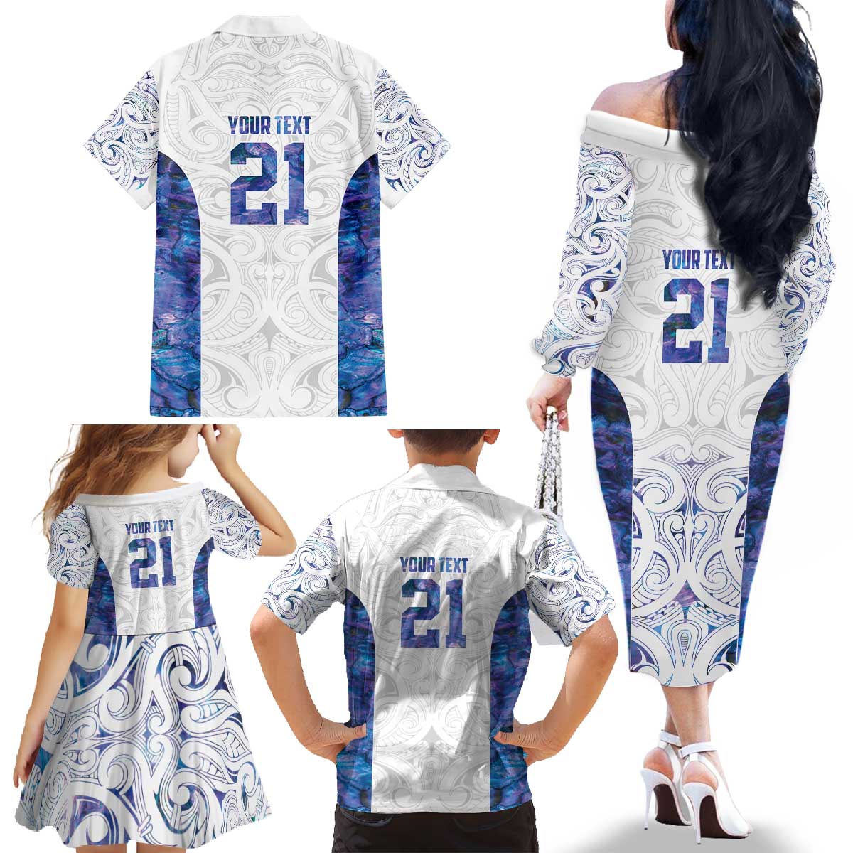 Custom New Zealand Aotearoa Family Matching Off The Shoulder Long Sleeve Dress and Hawaiian Shirt Purple Maori Paua Shell Indigenous LT9 - Polynesian Pride