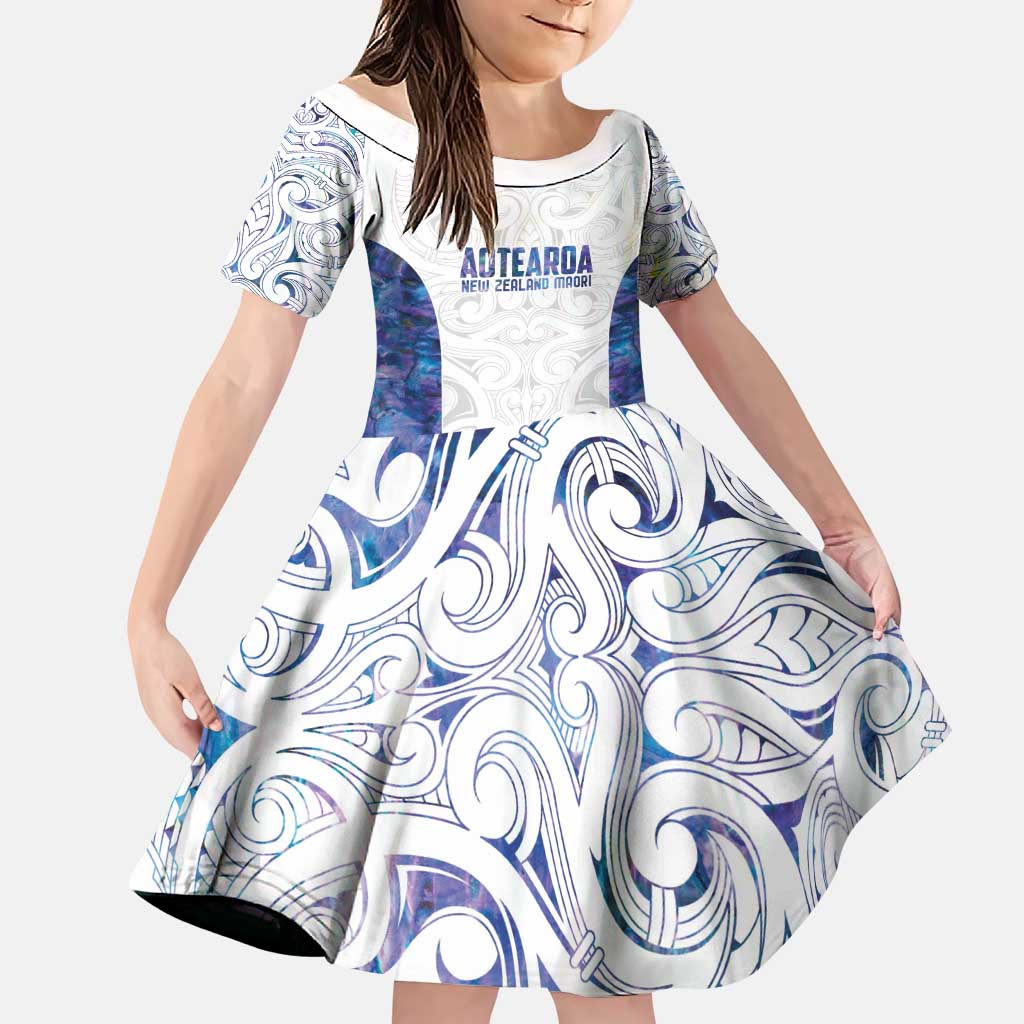 Custom New Zealand Aotearoa Family Matching Puletasi and Hawaiian Shirt Purple Maori Paua Shell Indigenous LT9 Daughter's Dress Purple - Polynesian Pride