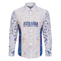 Custom New Zealand Aotearoa Family Matching Puletasi and Hawaiian Shirt Purple Maori Paua Shell Indigenous LT9 Dad's Shirt - Long Sleeve Purple - Polynesian Pride