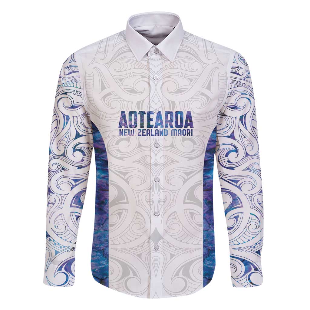 Custom New Zealand Aotearoa Family Matching Tank Maxi Dress and Hawaiian Shirt Purple Maori Paua Shell Indigenous LT9 Dad's Shirt - Long Sleeve Purple - Polynesian Pride